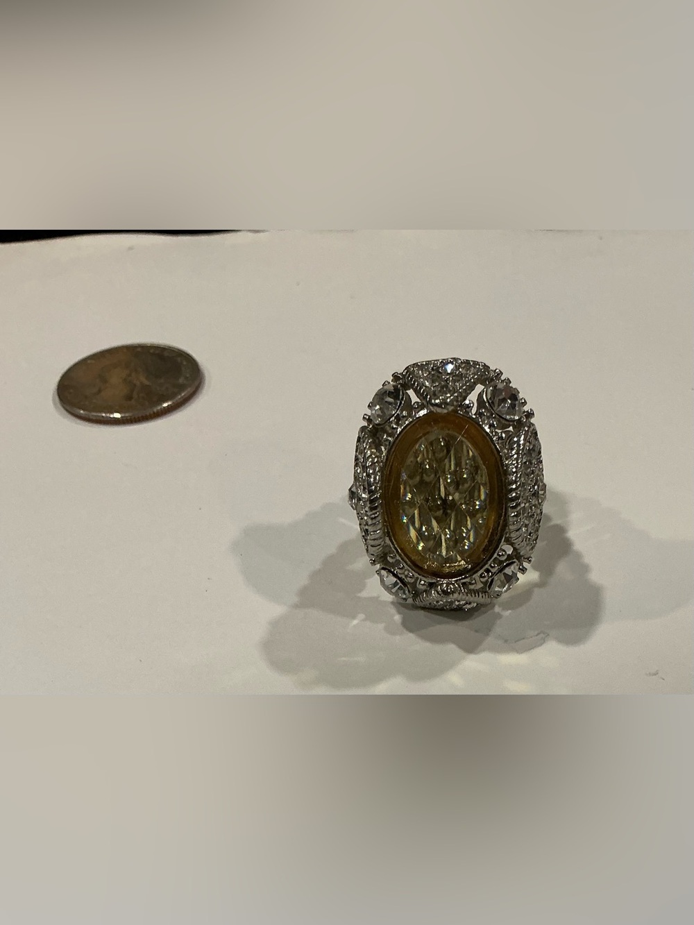 Yellow Oval Crystal Statement Ring - Silver Tone expandable
